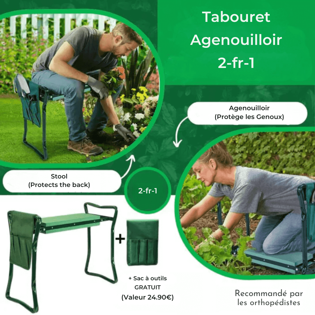 Tabouret agenouilloir multifonctionnel en acier, coussin en mousse épaisse, vue de face, robuste et confortable.