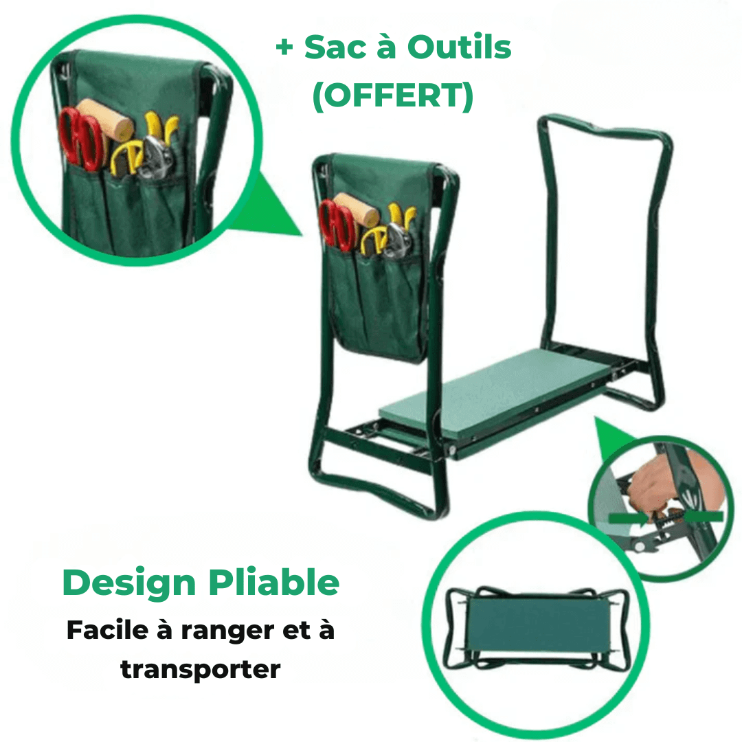 Tabouret agenouilloir multifonctionnel en acier, coussin en mousse épaisse, vue de face, robuste et confortable.