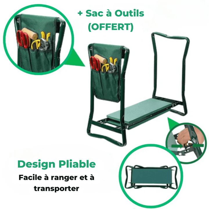 Tabouret agenouilloir multifonctionnel en acier, coussin en mousse épaisse, vue de face, robuste et confortable.