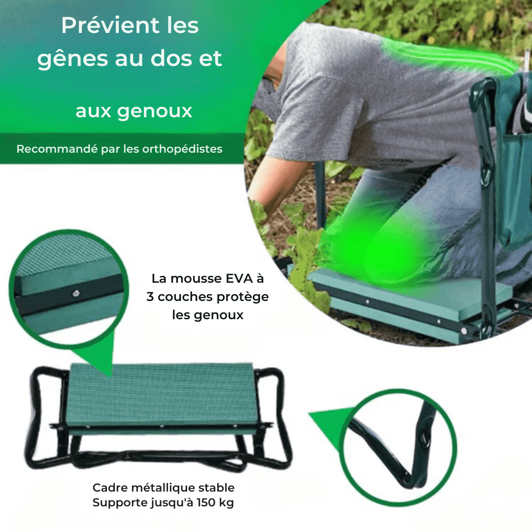 Tabouret agenouilloir multifonctionnel en acier, coussin en mousse épaisse, vue de face, robuste et confortable.