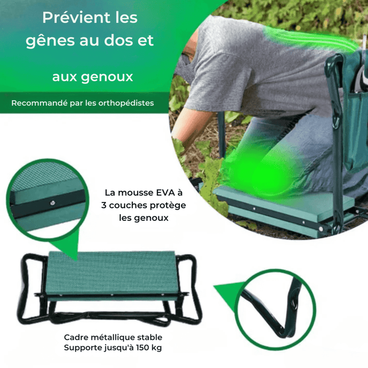 Tabouret agenouilloir multifonctionnel en acier, coussin en mousse épaisse, vue de face, robuste et confortable.