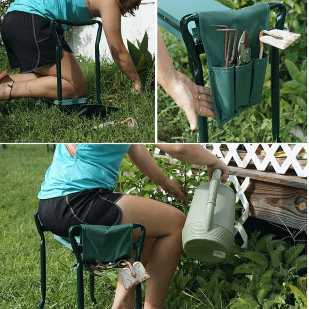 Tabouret agenouilloir multifonctionnel en acier, coussin en mousse épaisse, vue de face, robuste et confortable.