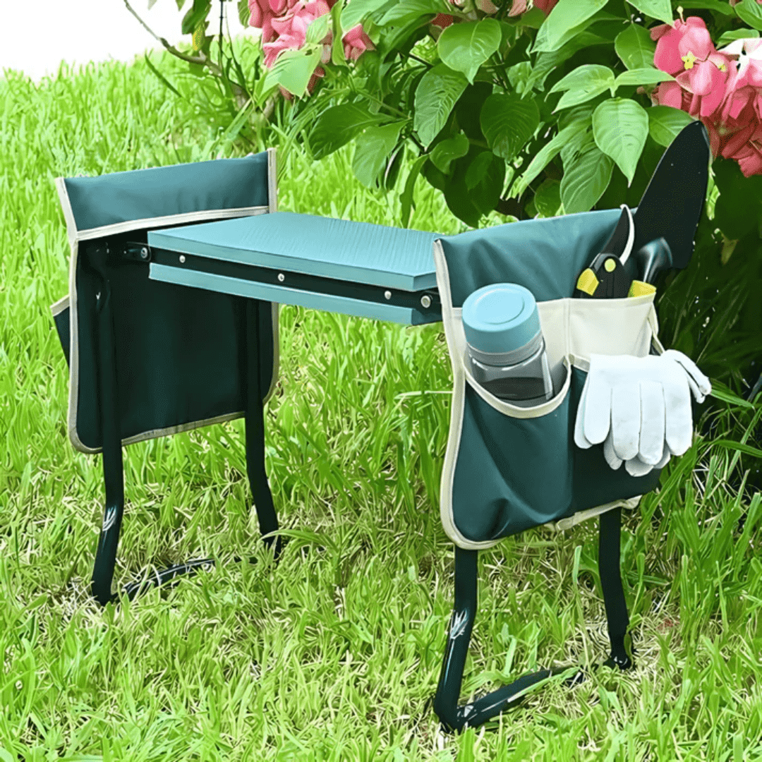 Tabouret agenouilloir multifonctionnel en acier, coussin en mousse épaisse, vue de face, robuste et confortable.