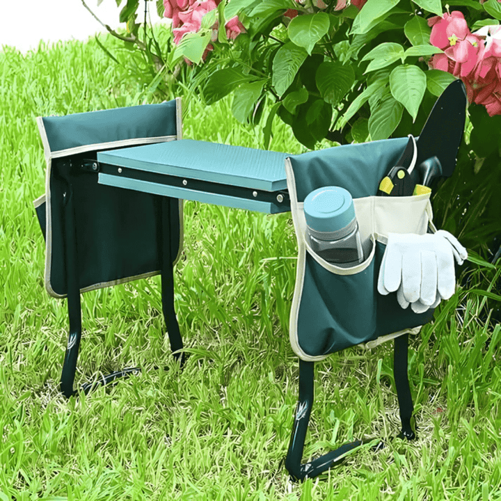 Tabouret agenouilloir multifonctionnel en acier, coussin en mousse épaisse, vue de face, robuste et confortable.