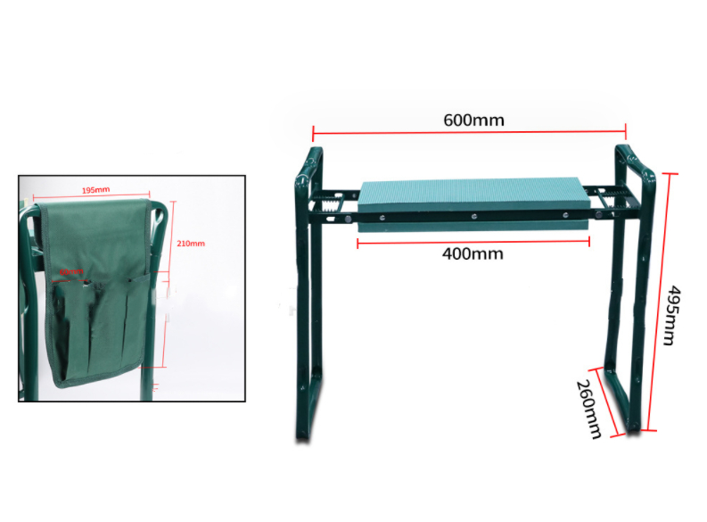 "Tabouret de jardin pliable avec sac de rangement, idéal pour le jardinage, design compact et matériaux robustes."