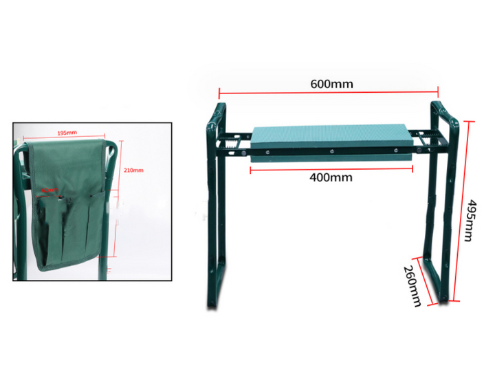 "Tabouret de jardin pliable avec sac de rangement, idéal pour le jardinage, design compact et matériaux robustes."
