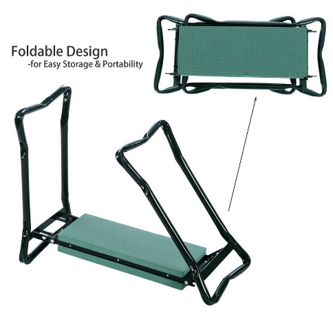 "Tabouret de jardin pliable avec sac de rangement, idéal pour le jardinage, design compact et matériaux robustes."