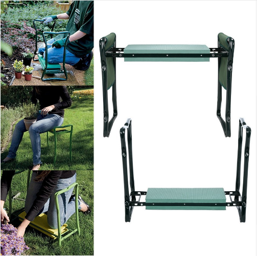 "Tabouret de jardin pliable avec sac de rangement, idéal pour le jardinage, design compact et matériaux robustes."