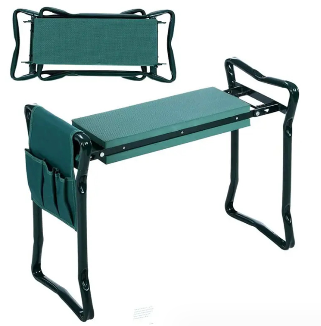 "Tabouret de jardin pliable avec sac de rangement, idéal pour le jardinage, design compact et matériaux robustes."