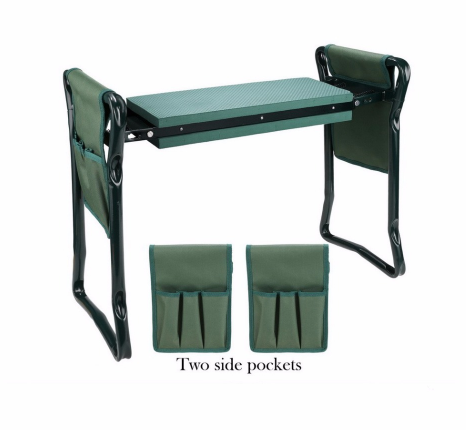"Tabouret de jardin pliable avec sac de rangement, idéal pour le jardinage, design compact et matériaux robustes."