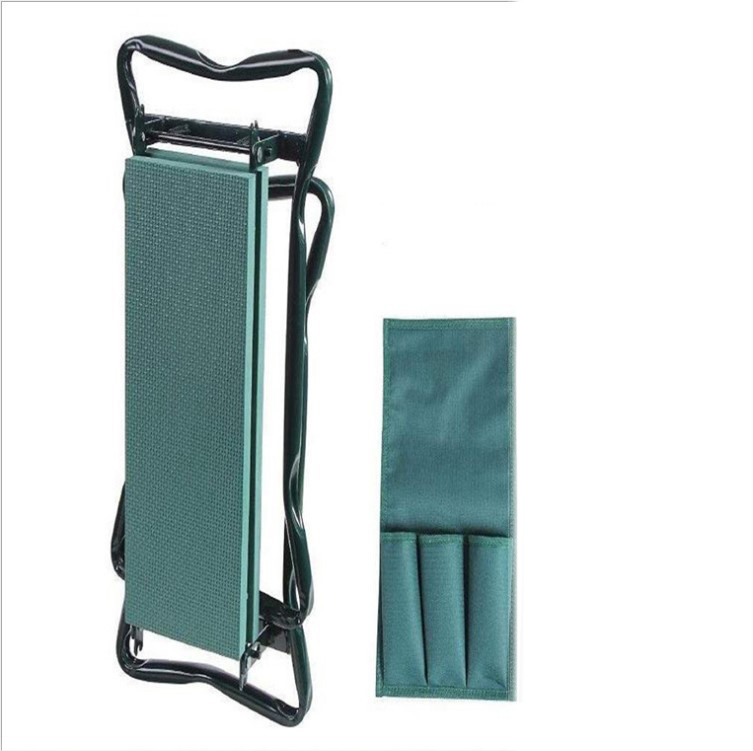 "Tabouret de jardin pliable avec sac de rangement, idéal pour le jardinage, design compact et matériaux robustes."