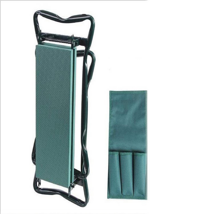 "Tabouret de jardin pliable avec sac de rangement, idéal pour le jardinage, design compact et matériaux robustes."