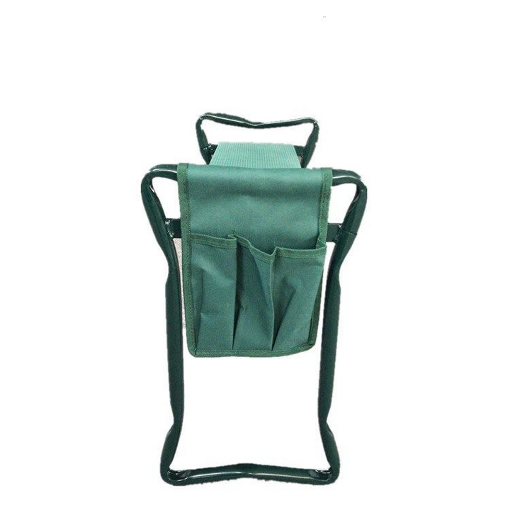 "Tabouret de jardin pliable avec sac de rangement, idéal pour le jardinage, design compact et matériaux robustes."