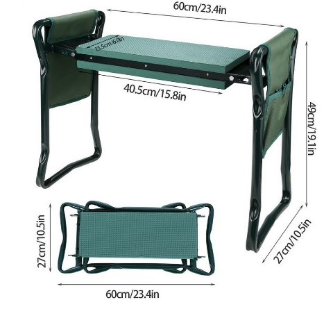 "Tabouret de jardin pliable avec sac de rangement, idéal pour le jardinage, design compact et matériaux robustes."