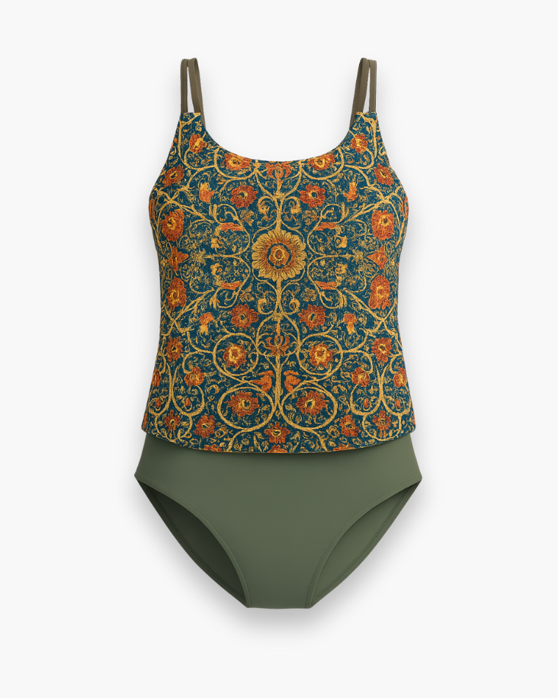 Tankini élégant femme, motifs modernes, tissu léger, bretelles ajustables, parfait pour plage et piscine, style estival.