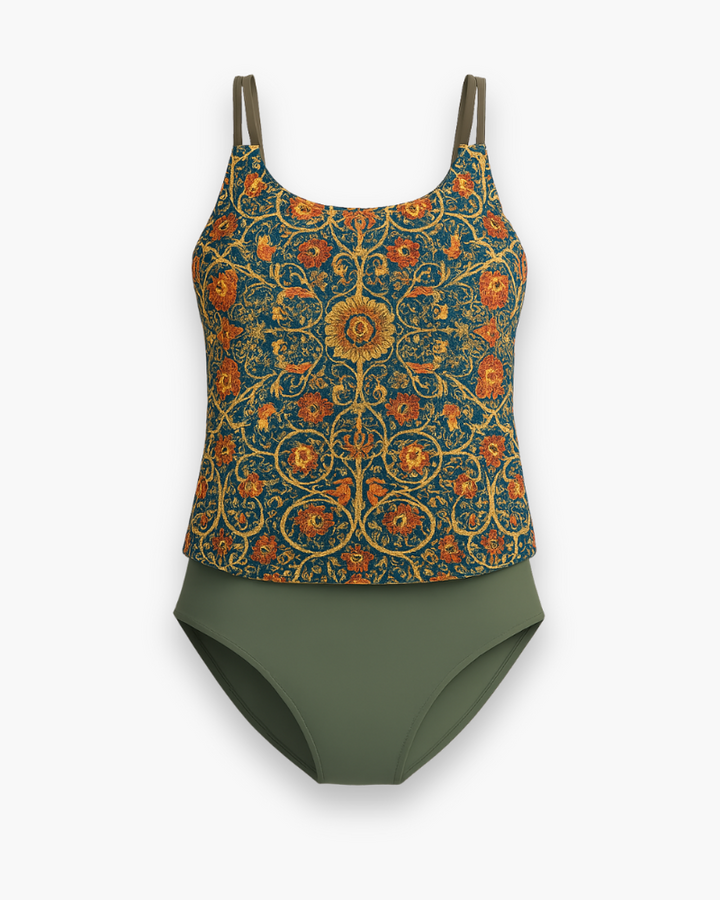 Tankini élégant femme, motifs modernes, tissu léger, bretelles ajustables, parfait pour plage et piscine, style estival.