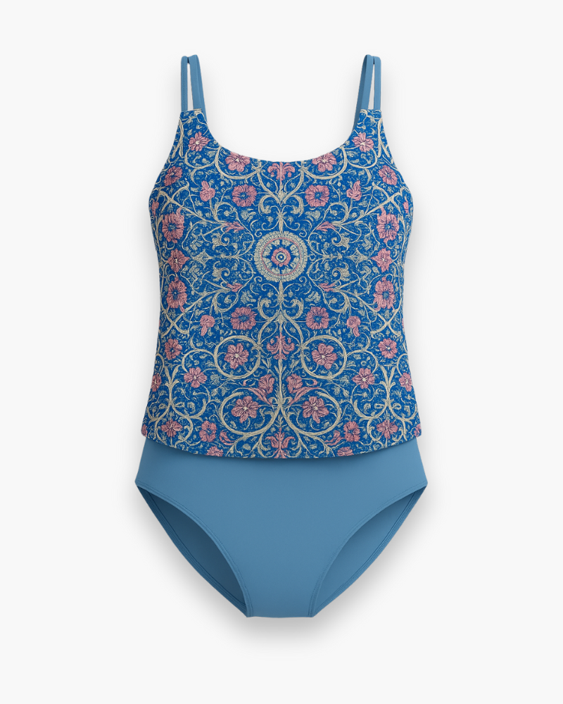 Tankini élégant femme, motifs modernes, tissu léger, bretelles ajustables, parfait pour plage et piscine, style estival.
