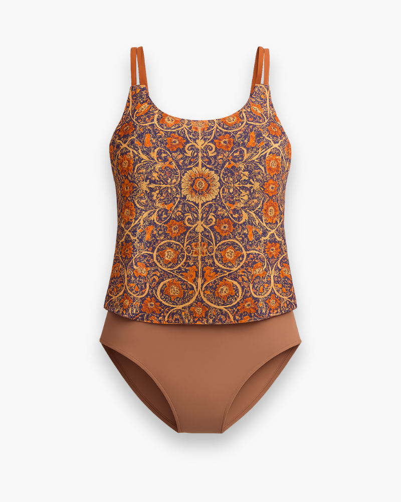 Tankini élégant femme, motifs modernes, tissu léger, bretelles ajustables, parfait pour plage et piscine, style estival.