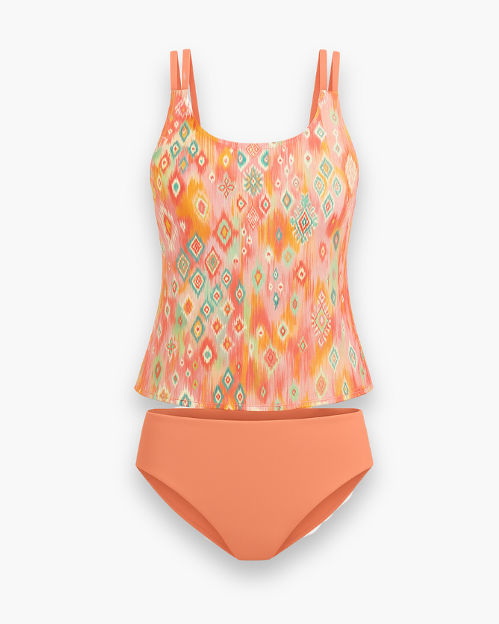 Tankini élégant femme, motifs modernes, tissu léger, bretelles ajustables, parfait pour plage et piscine, style estival.