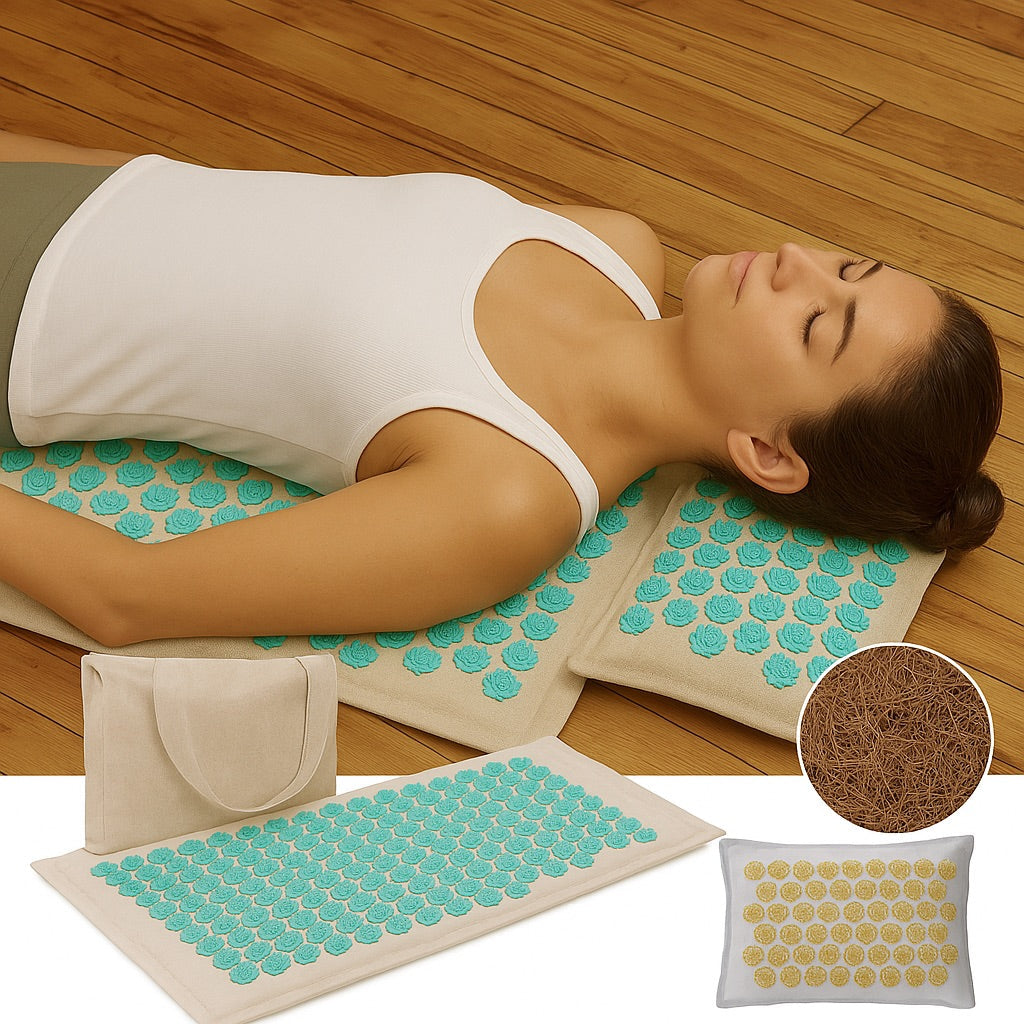 "Tapis acupression Florapress bleu avec points de pression, idéal pour relaxation et bien-être à domicile."