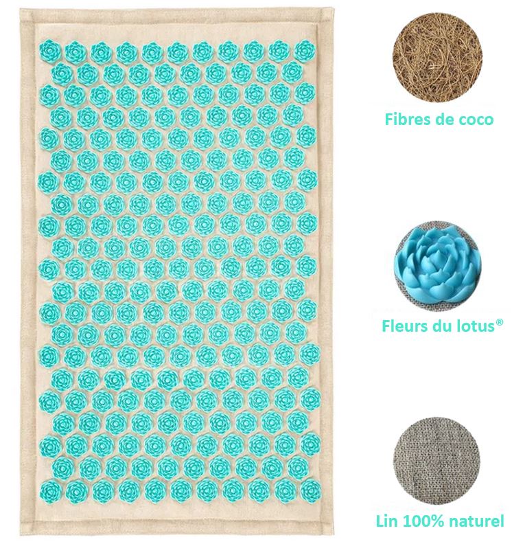 "Tapis acupression Florapress bleu avec points de pression, idéal pour relaxation et bien-être à domicile."