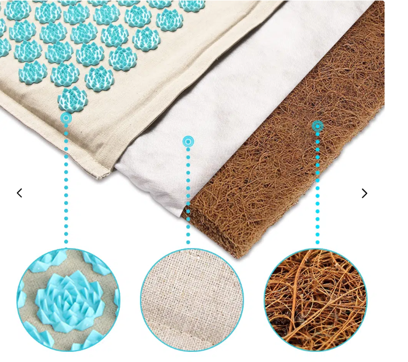 "Tapis acupression Florapress bleu avec points de pression, idéal pour relaxation et bien-être à domicile."