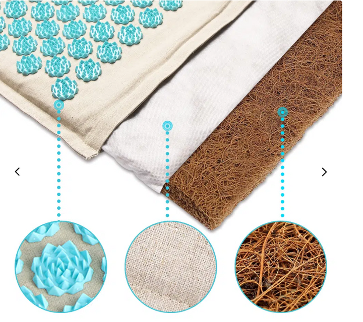 "Tapis acupression Florapress bleu avec points de pression, idéal pour relaxation et bien-être à domicile."