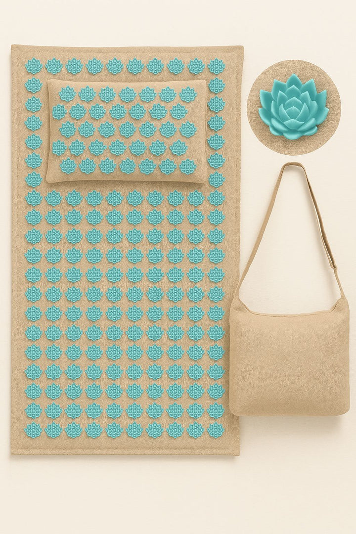 "Tapis acupression Florapress bleu avec points de pression, idéal pour relaxation et bien-être à domicile."