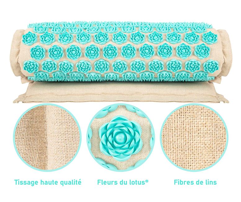 "Tapis acupression Florapress bleu avec points de pression, idéal pour relaxation et bien-être à domicile."