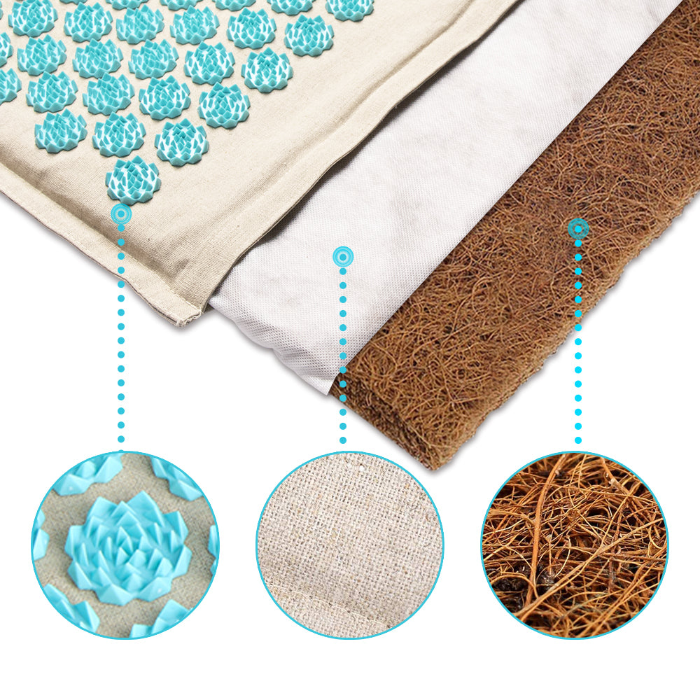 "Tapis d’acupression vert avec oreiller plat, picots blancs pour relaxation, soulagement muscles dos et cervicales."