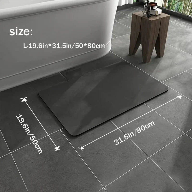 "Tapis de bain antidérapant en diatomite gris, séchage rapide, design moderne et écologique pour salle de bain."