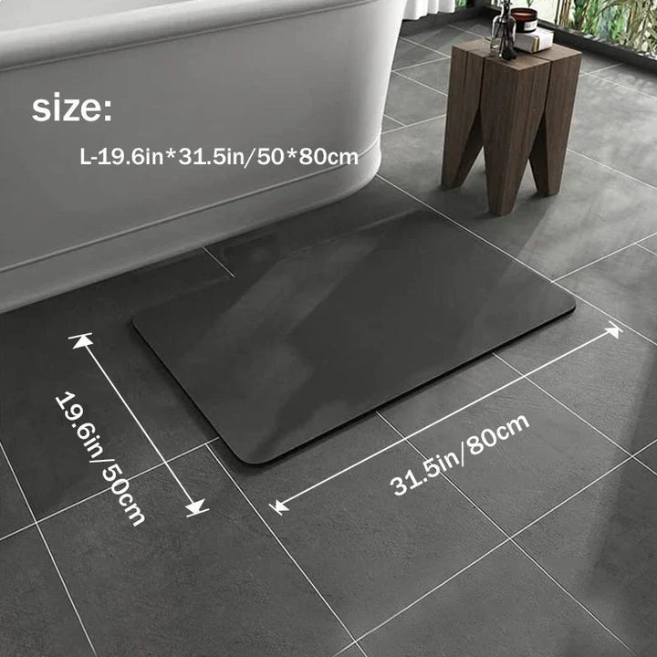 "Tapis de bain antidérapant en diatomite gris, séchage rapide, design moderne et écologique pour salle de bain."