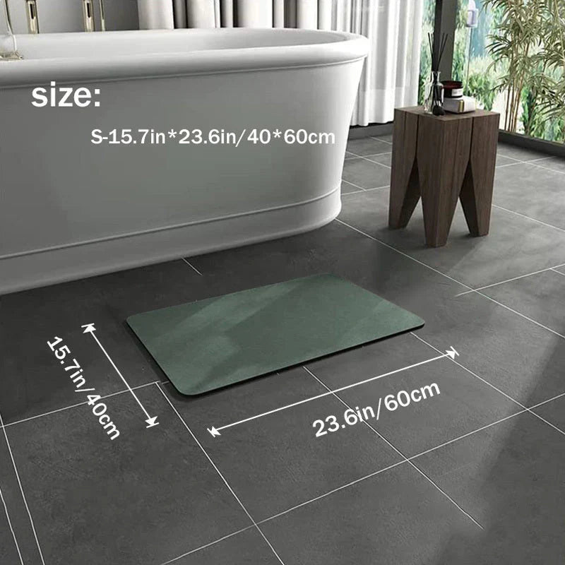 "Tapis de bain antidérapant en diatomite gris, séchage rapide, design moderne et écologique pour salle de bain."