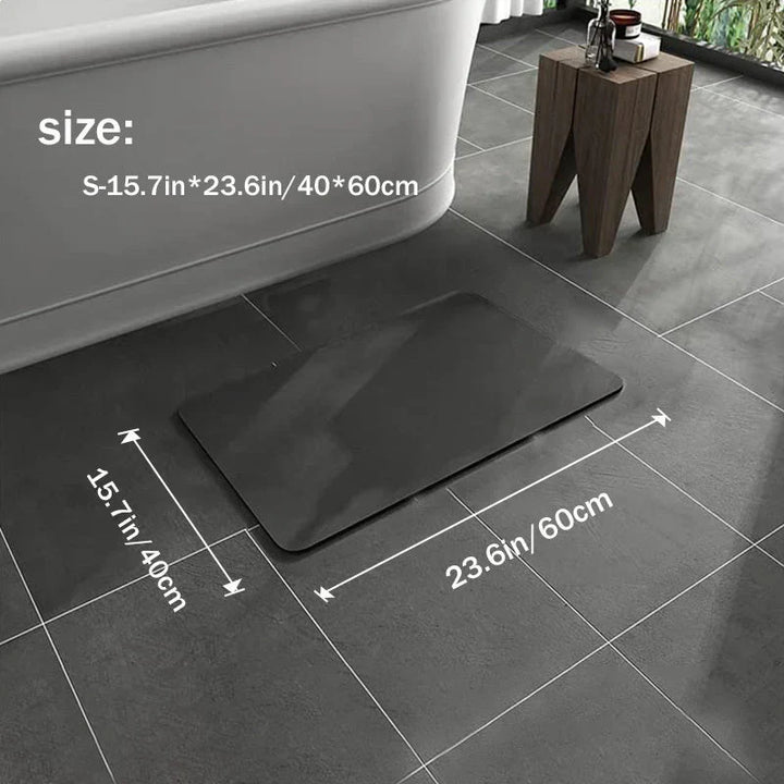 "Tapis de bain antidérapant en diatomite gris, séchage rapide, design moderne et écologique pour salle de bain."