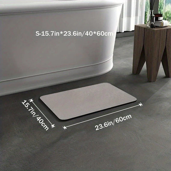 "Tapis de bain antidérapant en diatomite gris, séchage rapide, design moderne et écologique pour salle de bain."