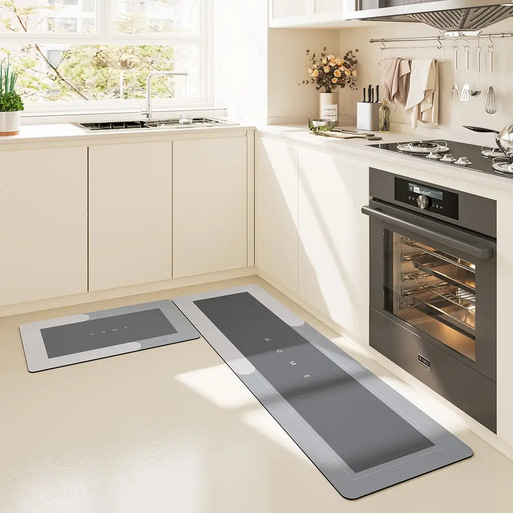 "Tapis de cuisine antidérapant imperméable en polymère, moelleux et élégant, gris, protège des éclaboussures et taches."