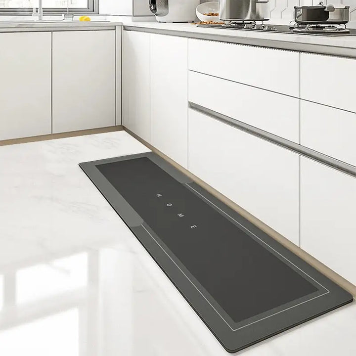 "Tapis de cuisine antidérapant imperméable en polymère, moelleux et élégant, gris, protège des éclaboussures et taches."