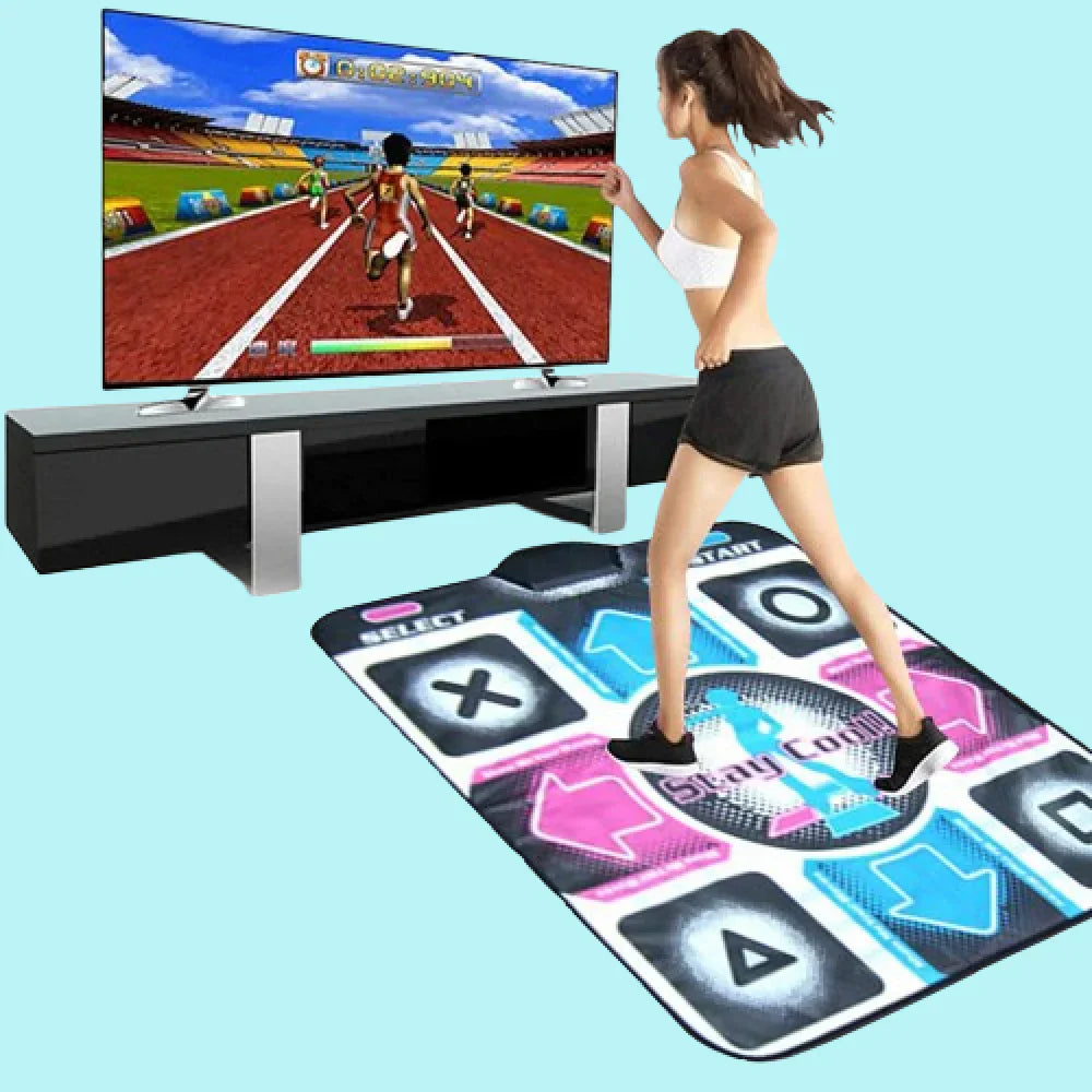 "Tapis de danse interactif avec musique ludique et capteur de mouvement sur fond de salon moderne."