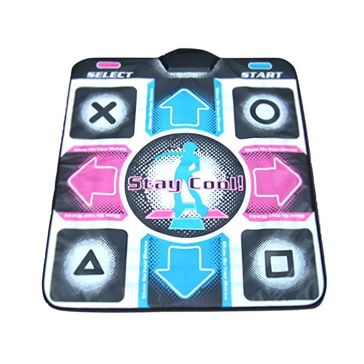 "Tapis de danse interactif avec musique ludique et capteur de mouvement sur fond de salon moderne."