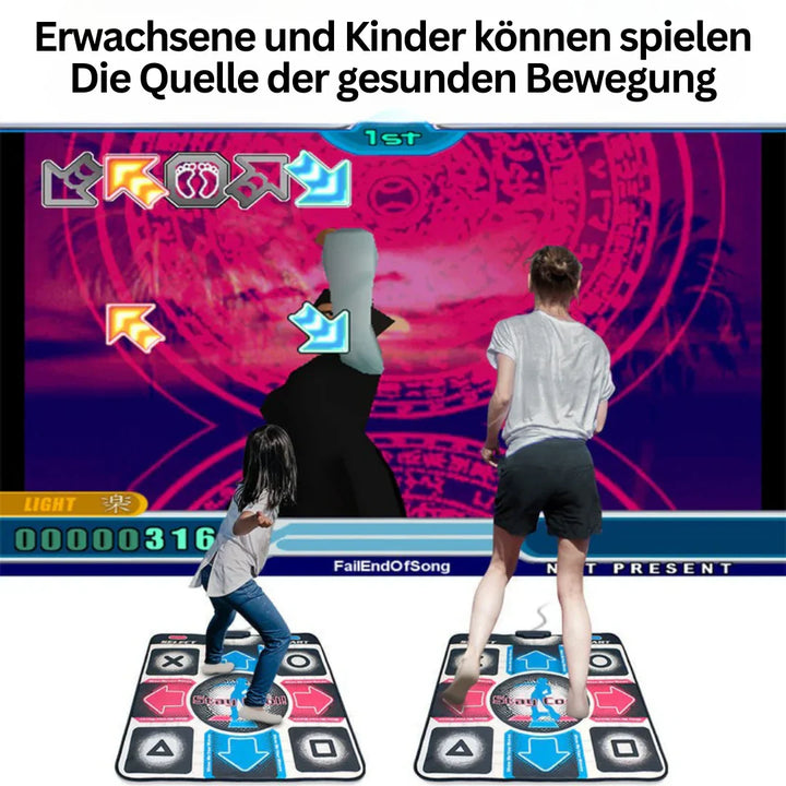 "Tapis de danse interactif avec musique ludique et capteur de mouvement sur fond de salon moderne."