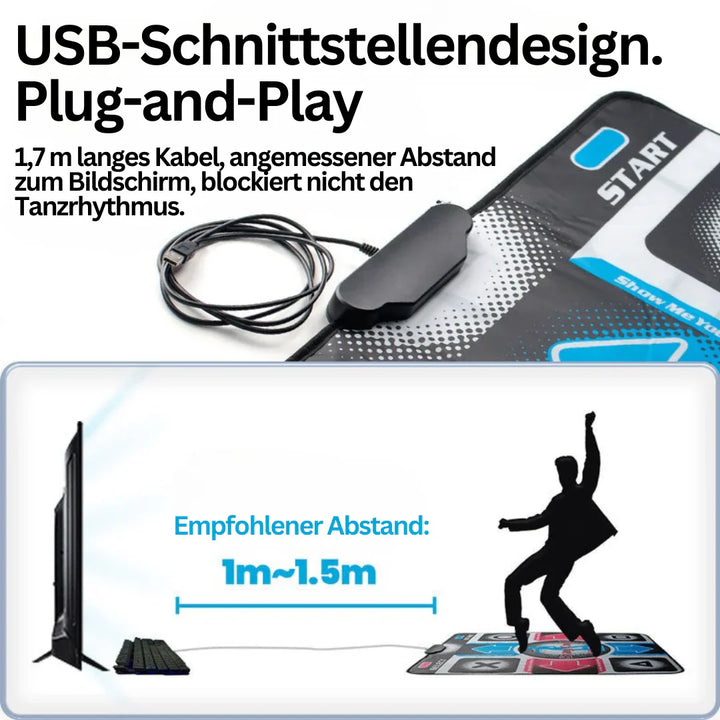"Tapis de danse interactif avec musique ludique et capteur de mouvement sur fond de salon moderne."
