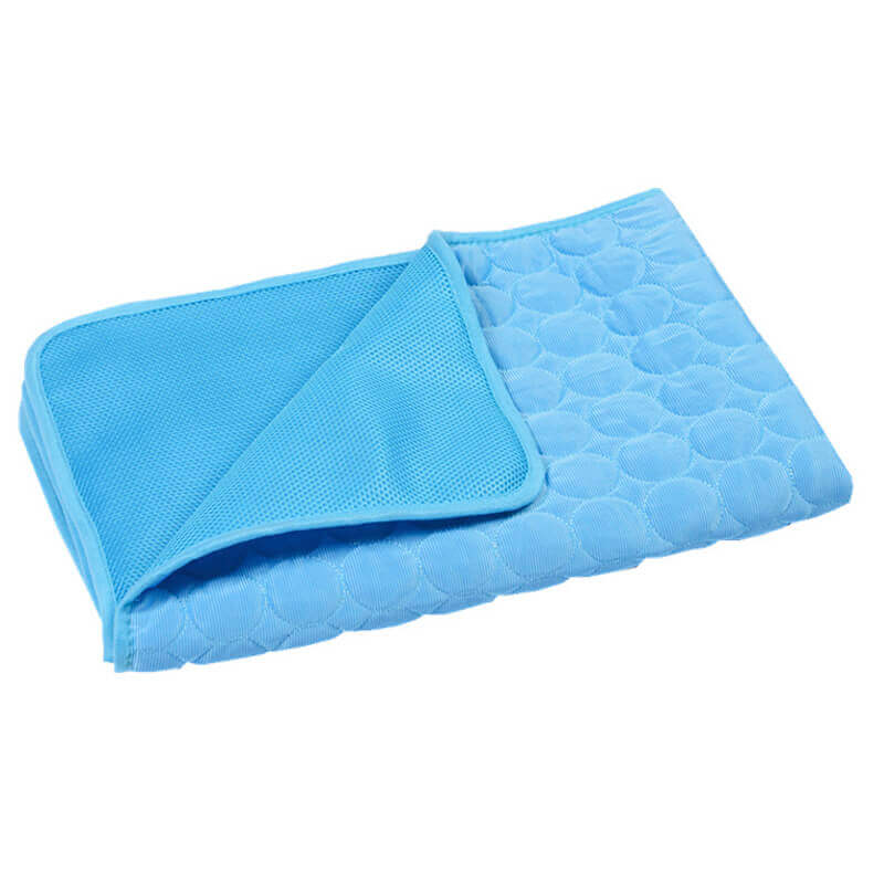 "Tapis refroidissant pour animaux, bleu, pliable, taille L, offrant confort et frais, idéal intérieur/extérieur."
