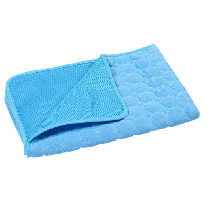 "Tapis refroidissant pour animaux, bleu, pliable, taille L, offrant confort et frais, idéal intérieur/extérieur."