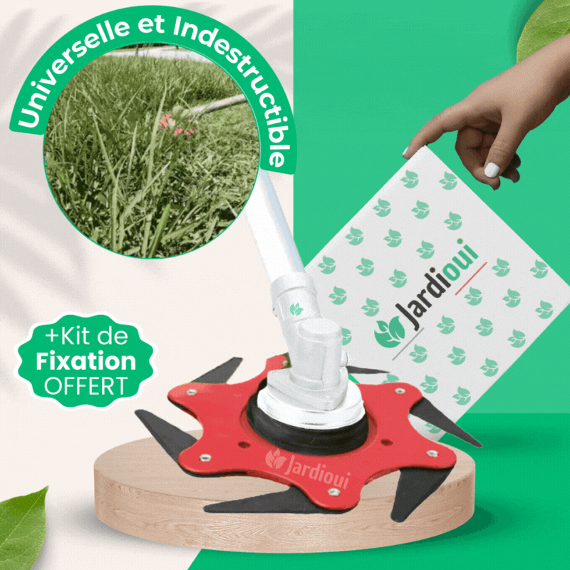 "Tête de coupe universelle en métal noir et rouge, 6 lames acérées, idéale pour débroussailleuses et jardinage."