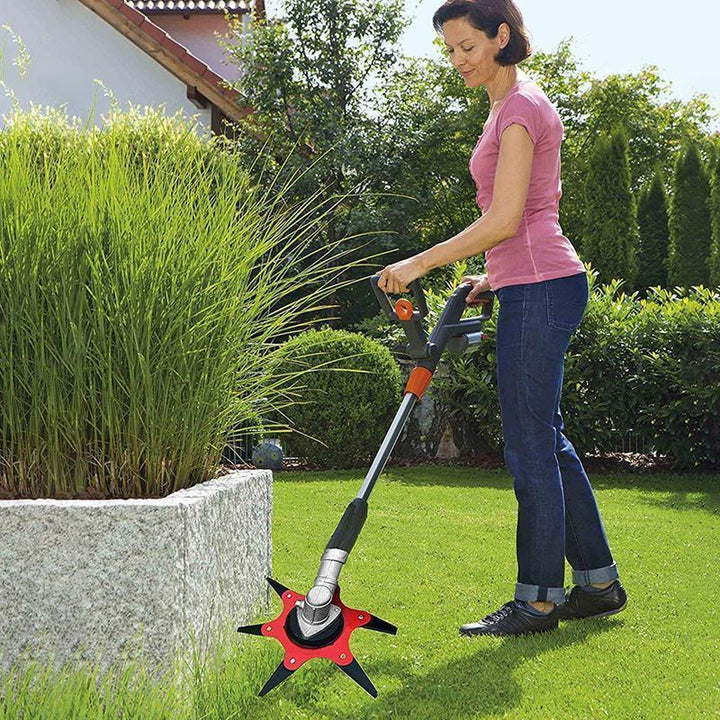 "Tête de coupe universelle en métal noir et rouge, 6 lames acérées, idéale pour débroussailleuses et jardinage."