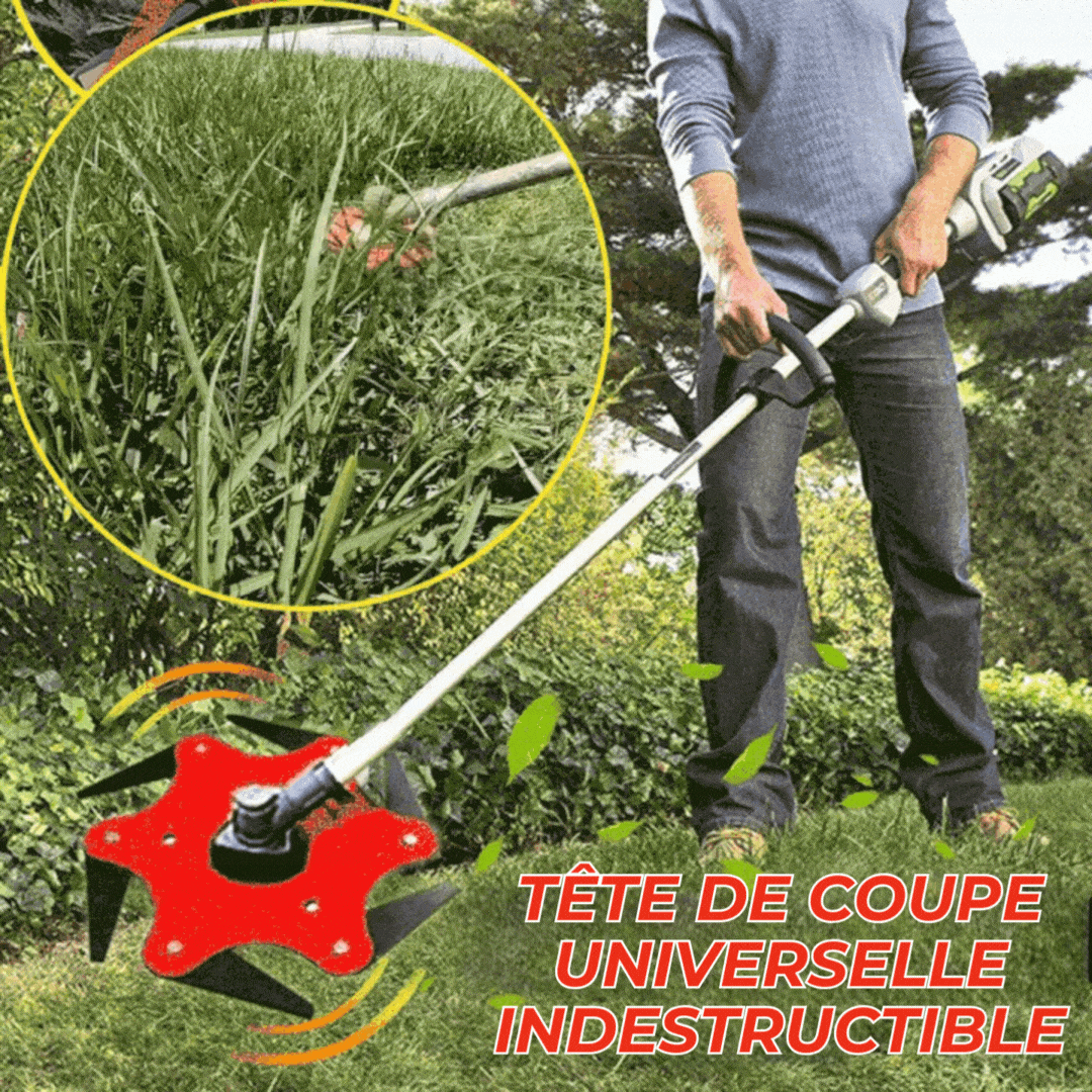"Tête de coupe universelle en métal noir et rouge, 6 lames acérées, idéale pour débroussailleuses et jardinage."