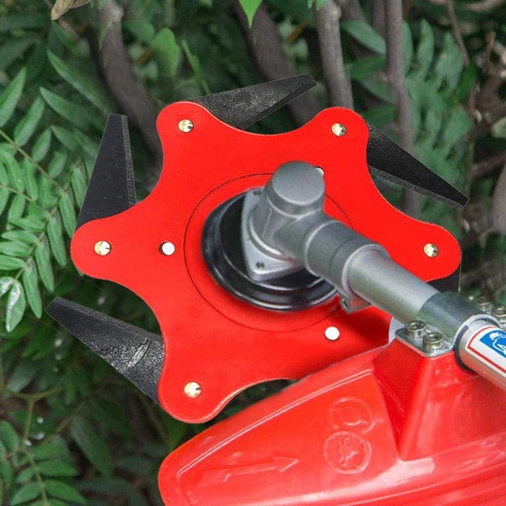 "Tête de coupe universelle en métal noir et rouge, 6 lames acérées, idéale pour débroussailleuses et jardinage."