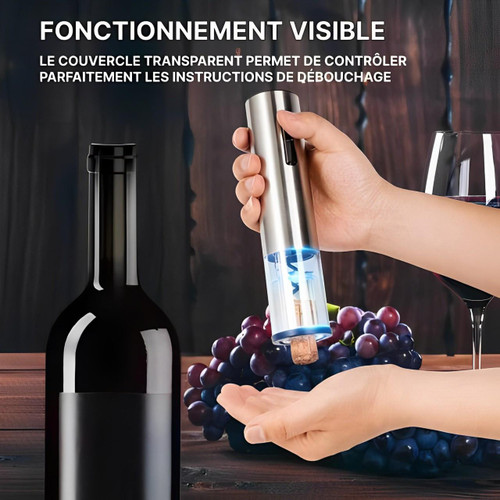 "Tire-bouchon électrique inox 5-en-1, design sophistiqué, accessoires complets pour ouvrir facilement vos bouteilles de vin."