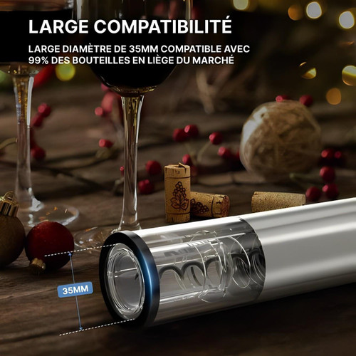 "Tire-bouchon électrique inox 5-en-1, design sophistiqué, accessoires complets pour ouvrir facilement vos bouteilles de vin."