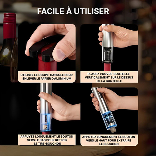 "Tire-bouchon électrique inox 5-en-1, design sophistiqué, accessoires complets pour ouvrir facilement vos bouteilles de vin."